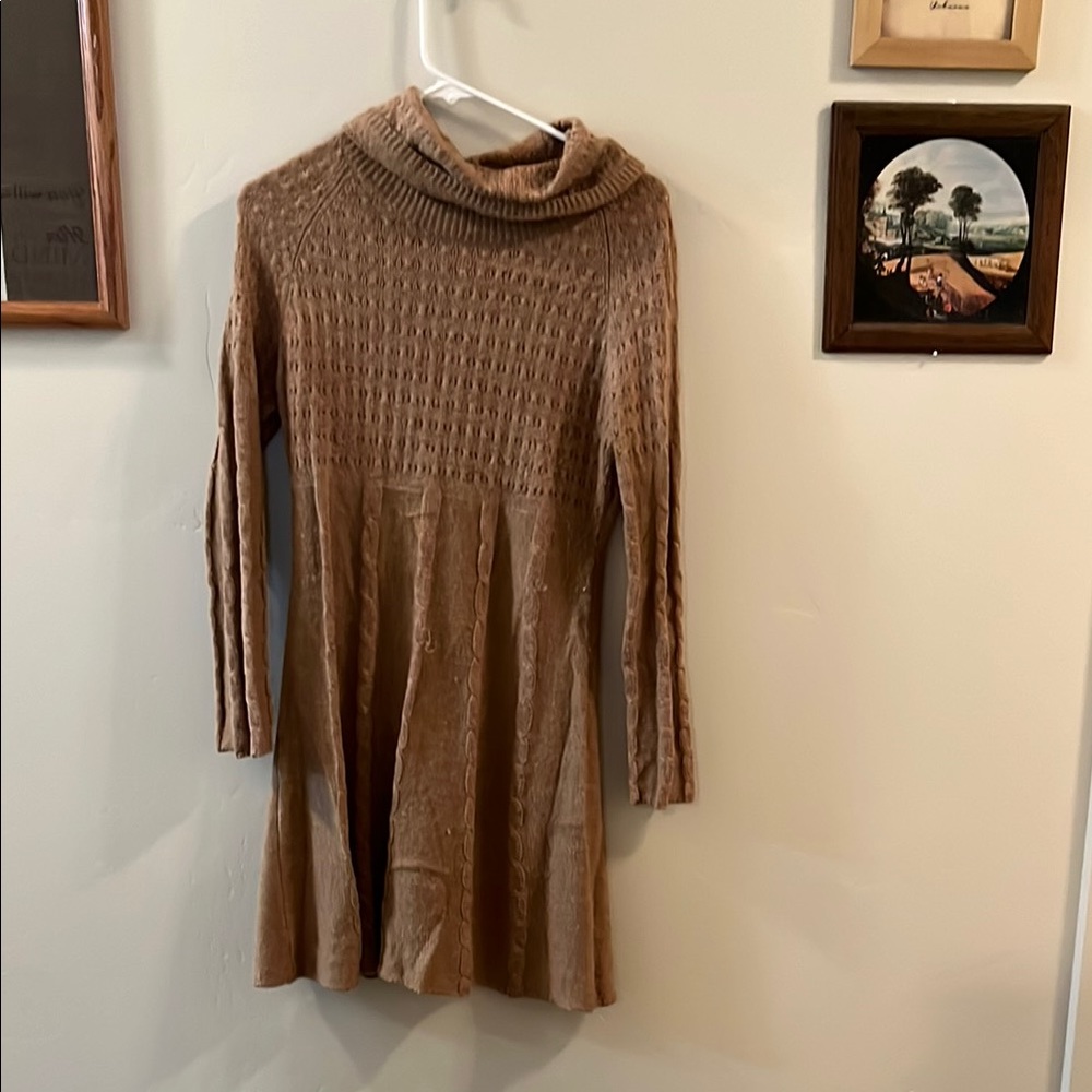 Tan Turtleneck Sweater Dress with Ribbed Knit